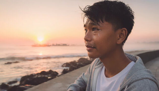 Young man sitting by the seaside during sunset, enjoying the view.