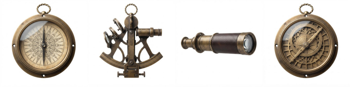 Nautical instruments set of vintage brass featuring a classic compass, sextant, spyglass telescope, and astrolabe isolated on a white background for marine history and exploration designs