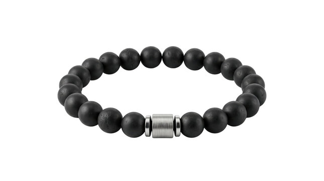 Black matte onyx bead bracelet with silver metal accent, masculine stone jewelry, elegant beaded wristband for men on white background
