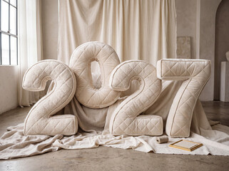 Obraz premium Soft textile 2027 numbers crafted from quilted and plush fabric in a warm neutral interior, creating a cozy handcrafted New Year decoration concept.
