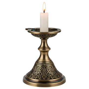 Elegant bronze metal candlestick with lit white candle on clear background.
