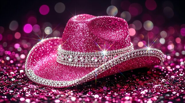 Dazzling pink cowboy hat embellished with sparkling rhinestones and glitter set against a vibrant bokeh background for celebrations.
