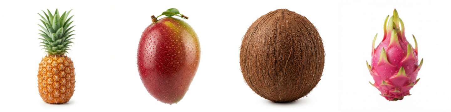Tropical fruits in a row including fresh pineapple, ripe mango, whole coconut, and vibrant dragon fruit isolated on white background for healthy food packaging or market banner