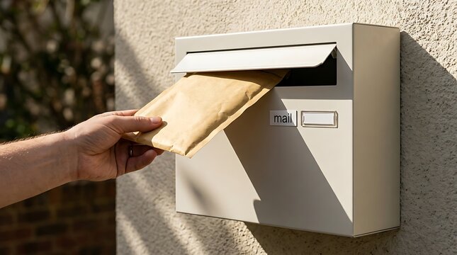 Hand inserting brown paper envelope into modern wall-mounted mailbox, concept of sending and receiving mail correspondence and communication.