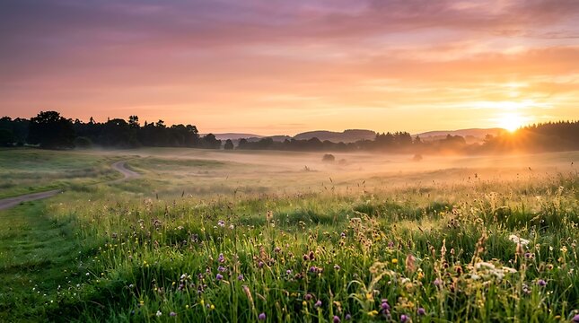 A beautiful golden sunrise over a misty green meadow with trees in the distance during early morning