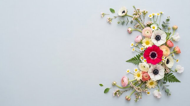Beautiful floral arrangement with red and white anemones and greenery on a light gray background