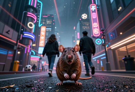 Rat in Neon-City Street with Pedestrians