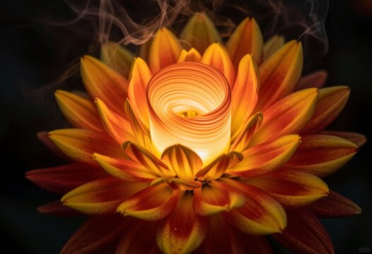 Glowing Floral Candle in Orange and Yellow Blossom with Smoke