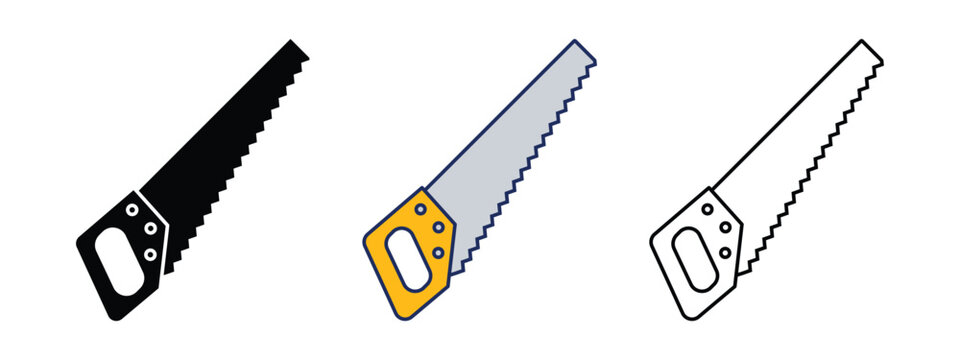 Hand saw vector icons set in silhouette, color, and line art style isolated on white background