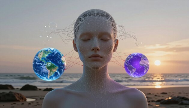 Digital Human with Earth Globes at Sunset Beach