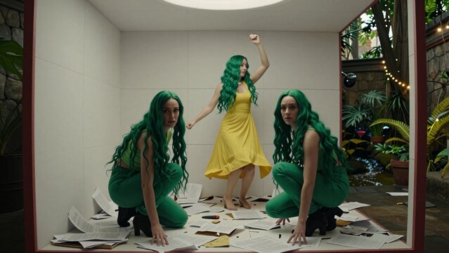 Three Women with Green Hair in Staged Indoor Garden Setting