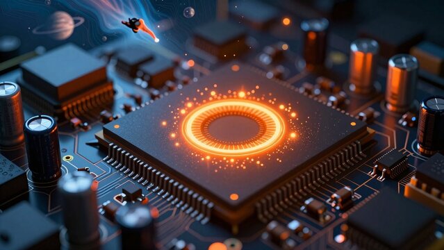 Glowing Microchip on Circuit Board with Futuristic Space Elements