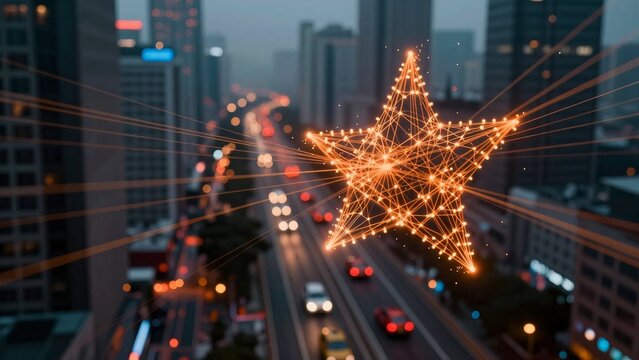 Glowing Star Over Urban Cityscape at Dusk