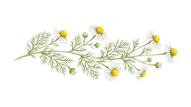 A delicate hand drawn watercolor illustration of a chamomile flower branch isolated on a white background