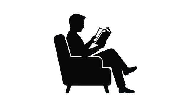 Man reading a book while seated in an armchair silhouette