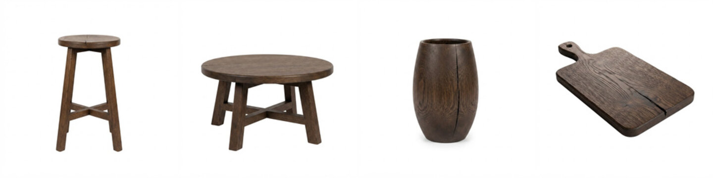 Wooden furniture and rustic decor set featuring dark timber stool, low coffee table, carved barrel vase, and cutting board isolated on a white background for interior catalog mockup