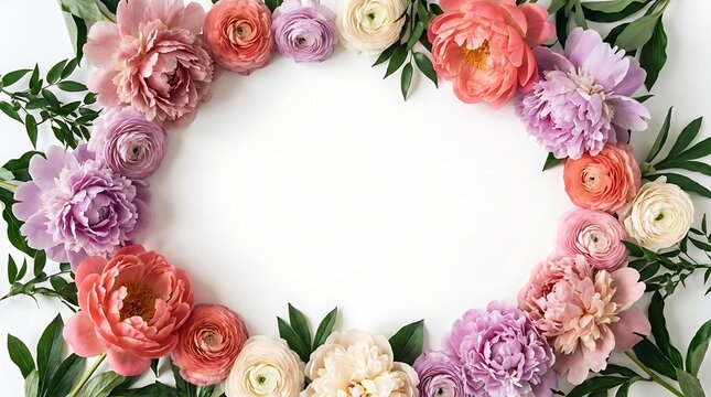 Beautiful floral frame made of pink and purple peony flowers with green leaves on white background