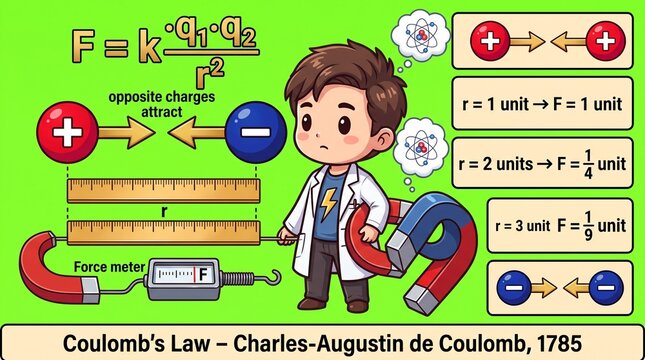 Chibi physicist explaining Coulomb's Law with electrostatic force formulas and magnets