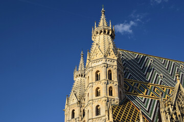 Fototapeta premium Corner tower and ornate patterned roof of St. Stephen's Cathedral in Vienna