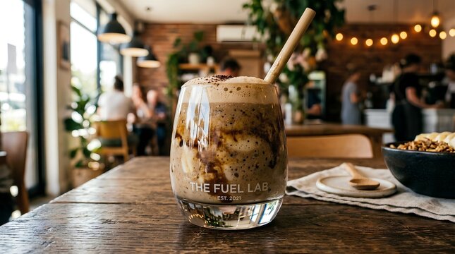Iced Coffee Smoothie Shake with Straw on Wooden Table in Modern Industrial Cafe
