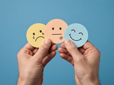 Hands holding happy, sad, and neutral emoji faces