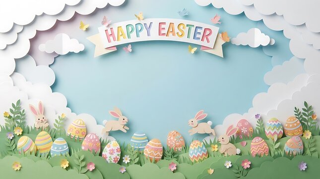 Colorful paper cut easter scene with eggs flowers and a happy greeting
