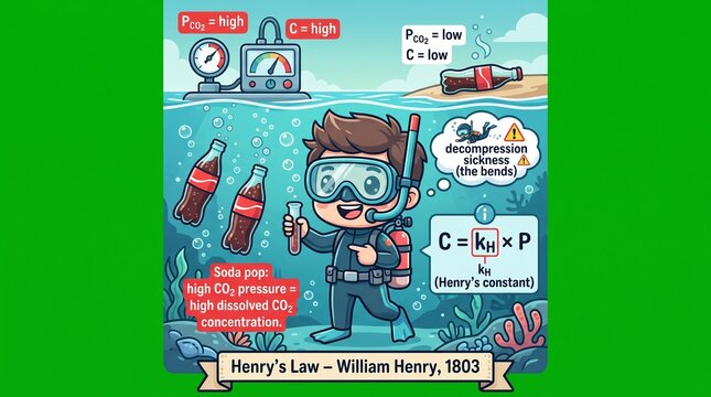 Cartoon diver illustrating Henry's Law of gas solubility in liquids for science education