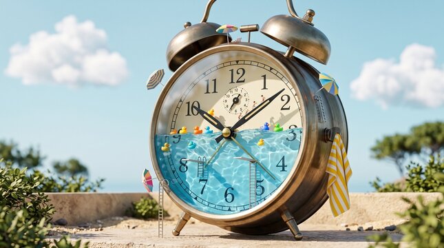 Surreal vintage alarm clock filled with ocean water. Creative summer vacation concept with tiny beach elements. Time for holiday metaphor.