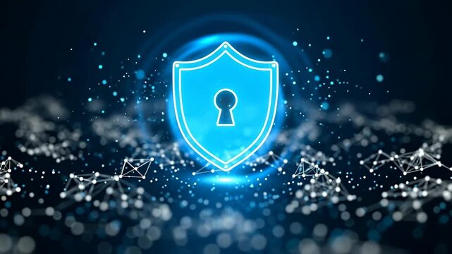 Digital security shields glowing over abstract data particles background with video three glowing digital shields keys floating above dark particle field digitalization with illumination