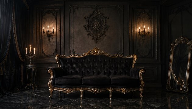 Black velvet sofa with gold details in dark gothic interior