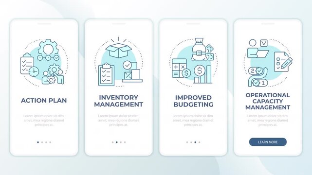 Core business processes optimization animated mobile app onboarding. Strategic supply chain management. Welcome screen UI. Carousel walkthrough animation with blue monochrome concept icons