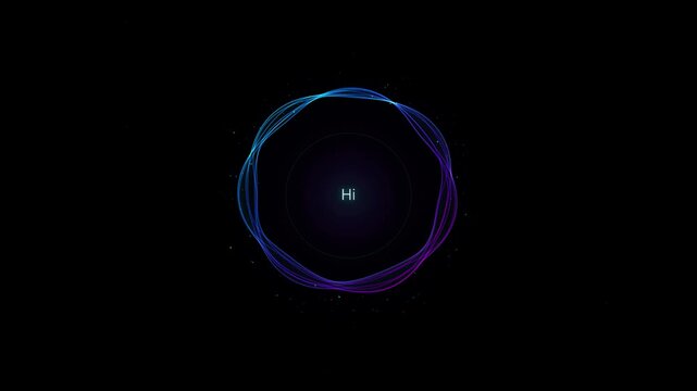 Dynamic neon spirograph lines forming a digital core on a dark background. Cyber technology and artificial intelligence communication hologram.