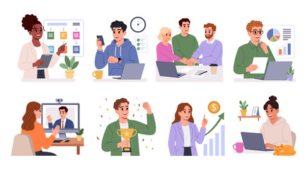 Fototapeta premium Business and Work Lifestyle Illustration Set. Featuring Teamwork, Project Management, Remote Work, Online Meeting and Career Growth. 