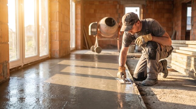 Professional construction worker leveling wet concrete floor. Mason smoothing cement screed in sunlit building interior. Manual labor on house site.