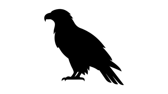 A black silhouette of a bird of prey stands proudly on a white background