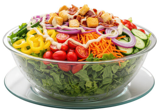 Fresh mixed vegetable salad in a large glass bowl on a plate