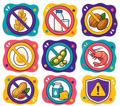 Bright icons show food allergens banned. Each symbol features a red prohibition mark. Wheat, milk, nuts, egg, shellfish, and peanuts are shown. Colorful frames surround each allergen warning