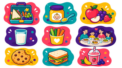 Fototapeta premium Bright, playful icons show healthy foods and meals. Children's lunchbox, fruit, milk, cookie, sandwich, juice, and family dining. Each item has cheerful, rounded edges and bold colors