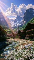Obraz premium Serene alpine village with rustic wooden chalets nestled under snowy peaks and vibrant wildflowers