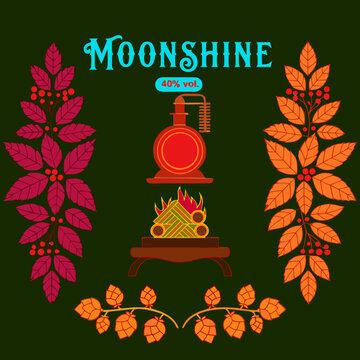 vector, vector graphics, moonshine, corn, berries, maize, label, sticker, blueberry, oak, wormwood, mint, wild berry, rowan, juniper, alcoholic beverages, bourbon, spirits, alcoholic products