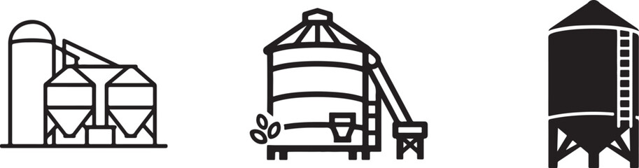 Grain silo icon in bold black and white silhouette, outline and line art vector for farming storage. © Mst.Atina