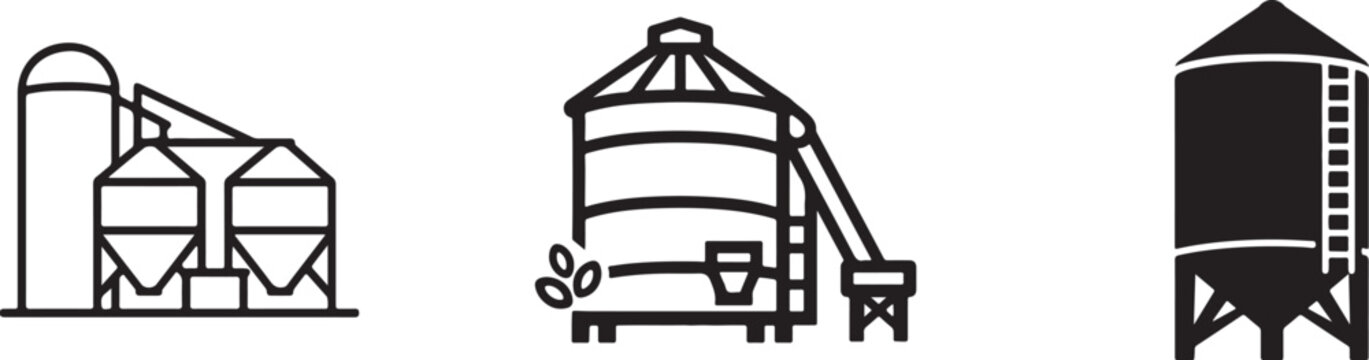 Grain silo icon in bold black and white silhouette, outline and line art vector for farming storage.