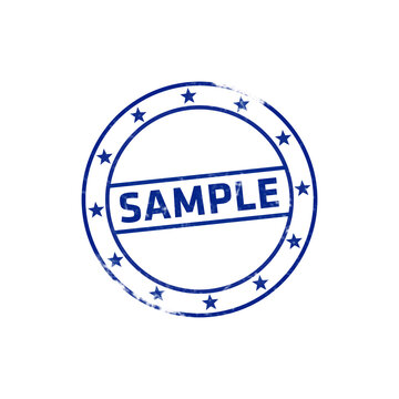 A blue circular rubber stamp with the word sample printed in the center, featuring a border of stars on a plain white background isolated isolated on a transparent background