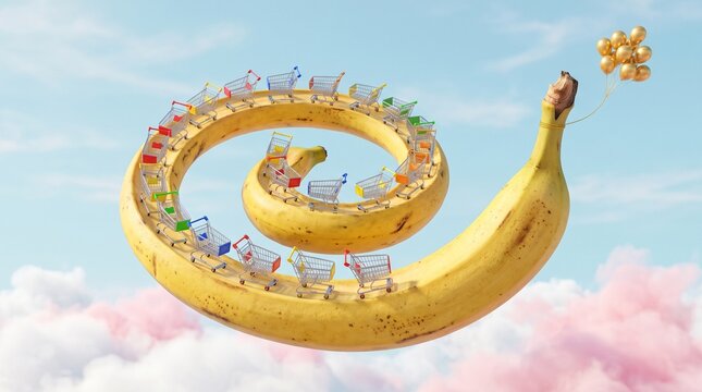 Giant Spiral Banana Roller Coaster With Shopping Carts, Surreal Sky Scene, Whimsical Food Concept, Yellow Fruit Design, Creative 3D Render