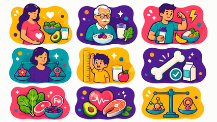 Fototapeta premium Illustration shows diverse nutrition-themed scenes. Each panel depicts people with healthy foods or supplements. Women, men, and children appear happy or engaged. Icons suggest pregnancy, growth