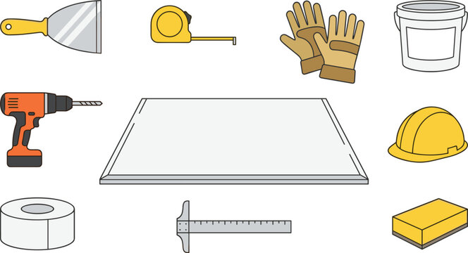Drywall Construction Icon Set with Trowel, Drill, Gypsum Board, Bucket, Gloves, Helmet, Tape Measure, and Sponge for Renovation Designs