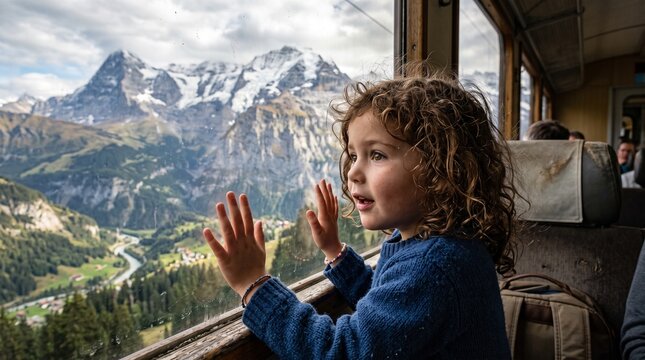 Child Discovering Dramatic Mountains Through Train Window with Wonder and Awe During Authentic Emotional Travel Journey