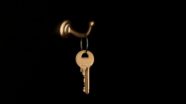 A single golden metal key hang on a dark metal wall hook against black background representing security and property access concepts safely