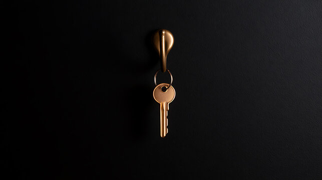 Minimalist composition of a single brass key hanging on a hook against a dark textured wall, representing security and property access