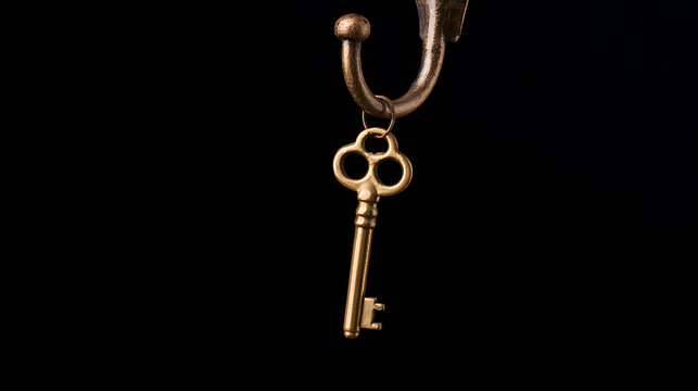 Vintage golden skeleton key hang on a metal wall hook isolated on a black background, concept of security, access, and home mystery